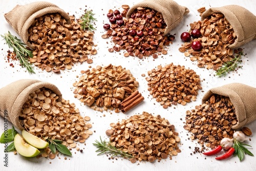 Flat lay of flavored wood chips stacked for grilling against a clean white surface