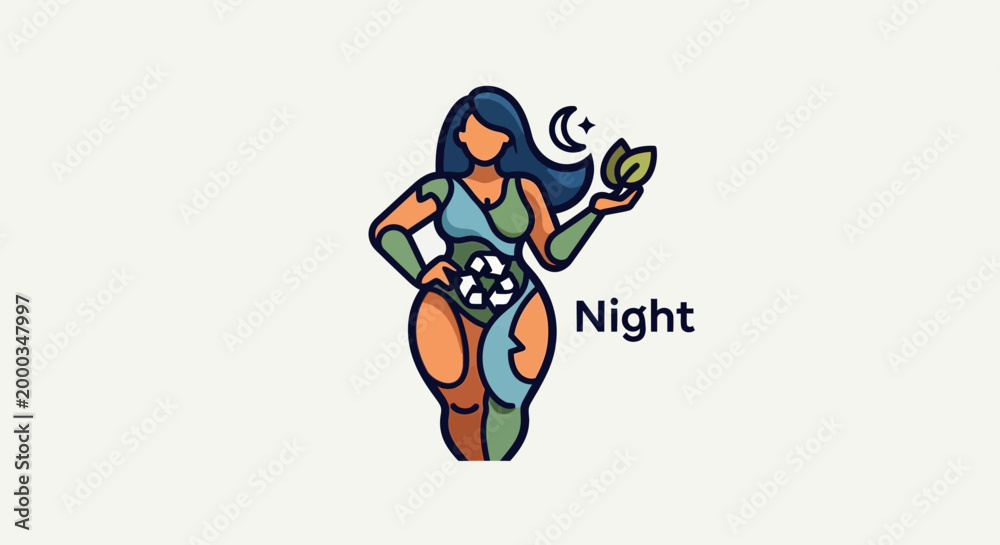 Fototapeta premium Illustration of a Woman Holding a Crescent Moon and Leaf.