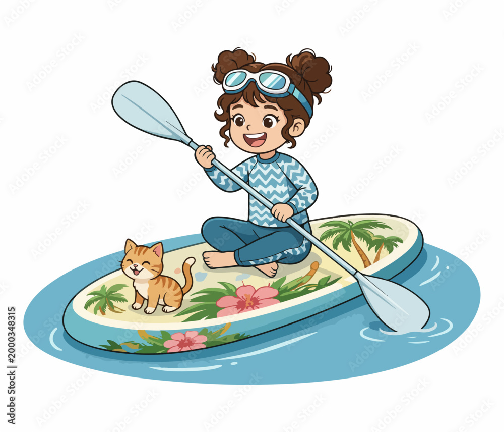 Fototapeta premium Cute girl paddling a yellow kayak on a calm river, 2D vector illustration.