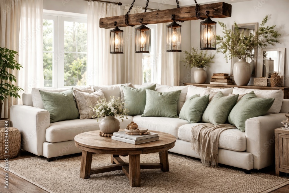 Fototapeta premium Chic living room setup with soft green cushions on sofa and rustic wooden lighting fixture