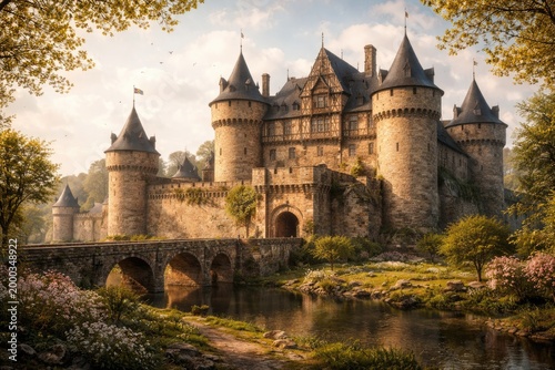 Ancient fortified residence shining under gentle spring sun