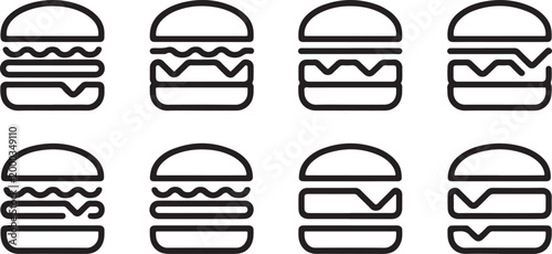 Minimal Burger Line Icon Set – Fast Food Outline Collection, Simple Hamburger Vector Pack, Modern UI Icons, Isolated Vector Design with Transparent Background