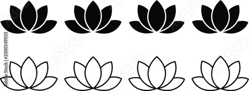 Set of lotus flowers vector icons relax calm and harmony symbol black line icons for meditation wellness spa and spiritual design themes.