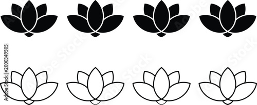 Set of lotus flowers vector icons relax calm and harmony symbol black line icons for meditation wellness spa and spiritual design themes.