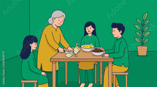 Family sharing a meal together on Lebaran in Indonesia with traditional ketupat at a wooden table.