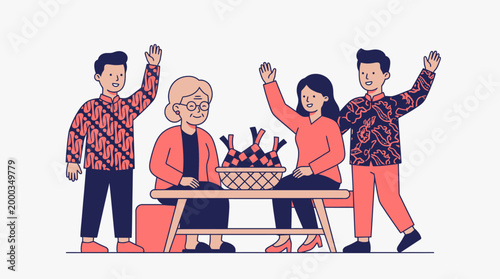Illustration of a family celebrating Lebaran with traditional Ketupat on a table in Indonesia, with people raising their hands in joy.