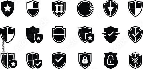 Photos Set of modern shield icons with various symbols isolated on white background, Ve