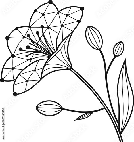 geometric floral design with six petal bloom intersecting line patterns buds and leaves arranged symmetrically symbolizing harmony balance nature and abstract art