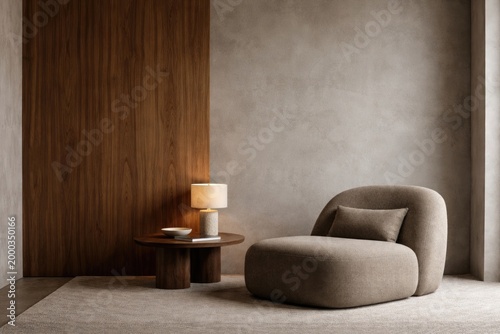 Interior close up of wooden panel and muted concrete walls with carpeted floor and seating