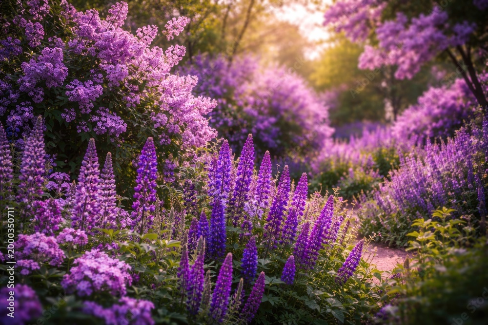 Fototapeta premium Lush purple flowering plants blossoming outdoors during springtime