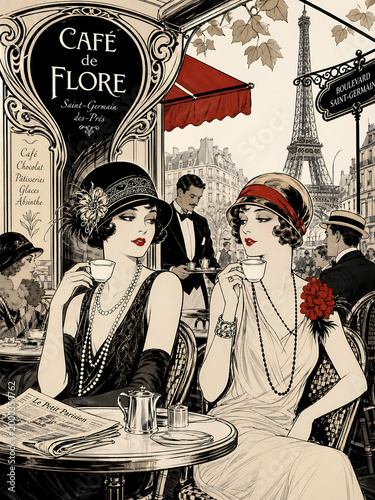 Elegant Women Enjoying Coffee at a Parisian Cafe with Eiffel Tower View
