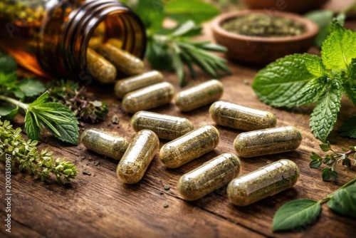 Natural herbal capsules supporting health laid on natural wood table