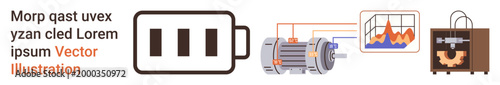 Energy technology, power systems, industry, data analytics, manufacturing, 3D printing. Battery icon, motor data graph and 3D printer. Energy technology power systems and data analytics concept