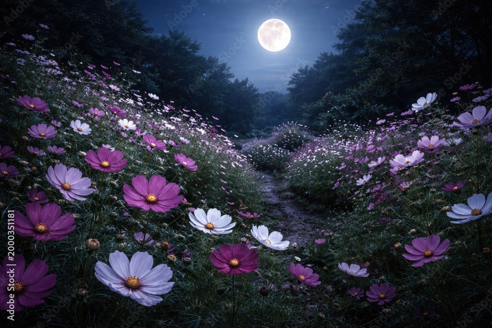Obraz premium Lush nighttime garden full of cosmos flowers beneath a clear full moon sky