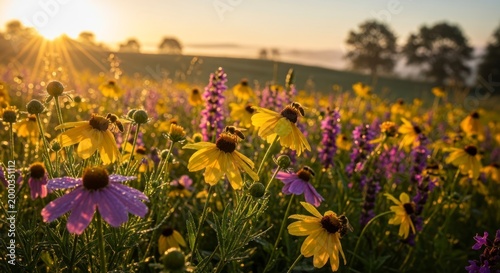 Wildflowers in a field at sunset.