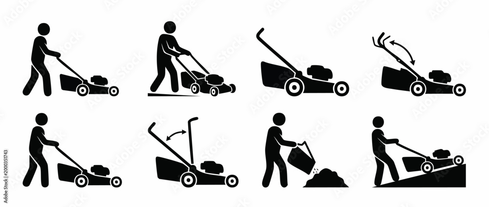Obraz premium Lawn Mower Icon Set Silhouette, Man Mowing Grass Garden Maintenance Vector Symbols for Landscaping Business, Yard Care Instructions, Worker Operating Machinery, Isolated Black Pictograms Collection