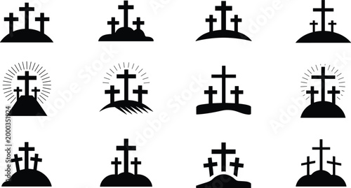 Twelve black silhouette icons of crosses on hills representing crucifixion and resurrection Keywords: cross, crucifixion, resurrection