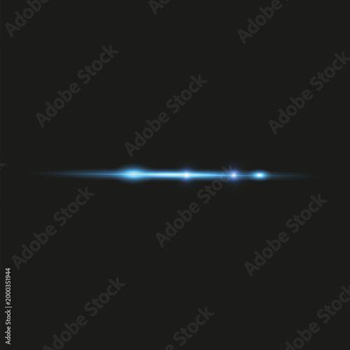 Abstract blue horizontal light flare and glowing lens flare effect isolated on black background