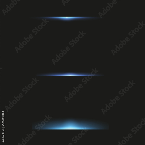Set of three blue horizontal lens flares and light streaks isolated on black background
