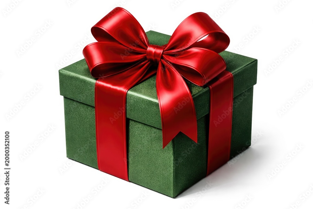 Fototapeta premium Decorative green present adorned with a striking red bow on white backdrop