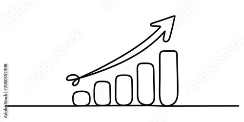 Continuous line drawing of a rising bar chart with an upward arrow