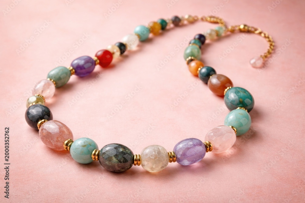 Obraz premium Artisan gemstone beads necklace against pink backdrop with ample copy space