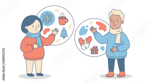 People presenting winter icons snowflake mug tree mittens and house illustrations