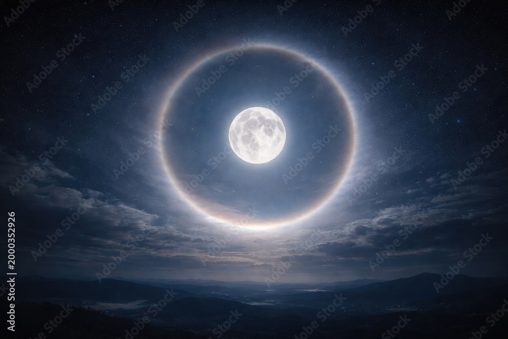 Fototapeta premium Celestial moon halo glowing softly above nighttime horizon