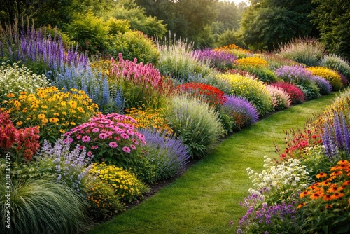 Diverse perennial plant borders blooming with colorful flowers in wide garden beds