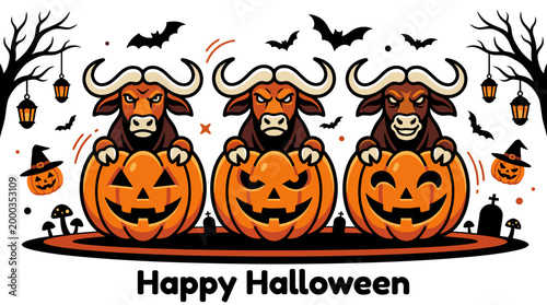 Happy Halloween greeting featuring three buffaloes peeking over pumpkins with spooky decorations and fall trees