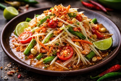Classic vibrant Thai green papaya salad with chili spice