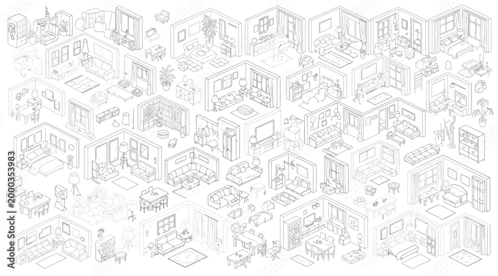 Fototapeta premium Set of isometric interior room layouts and furniture design elements