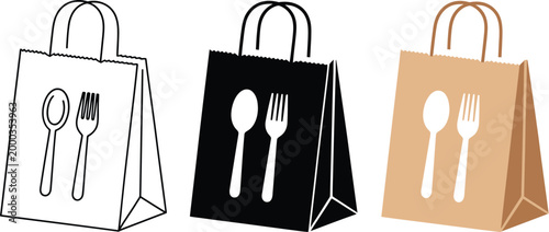 Takeaway food icon vector illustration showing packaged meals, delivery bags and food containers for online ordering systems, restaurant menus and digital food service platforms.