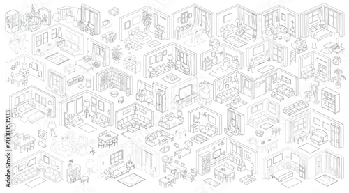 Set of isometric interior room layouts and furniture design elements
