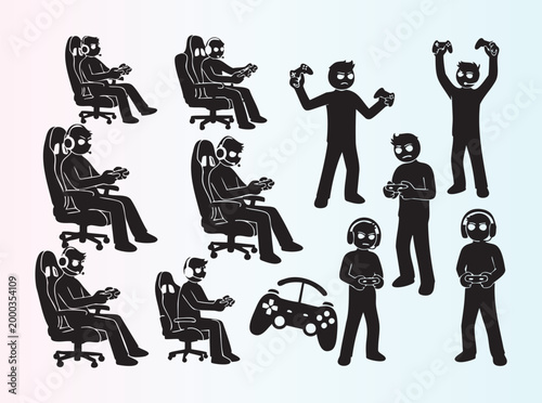 Cartoon gamers playing video games in different poses and expressions