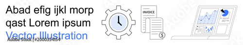 Business efficiency, invoice tracking, time management, analytics, planning, financial tools. Gear with clock, invoice document graphs on laptop screen. Business efficiency and invoice tracking