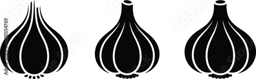 Three Black Garlic Bulbs Icons With Different Styles On White Background Keywords: garlic, bulb, icon, illustration, food, ingredient