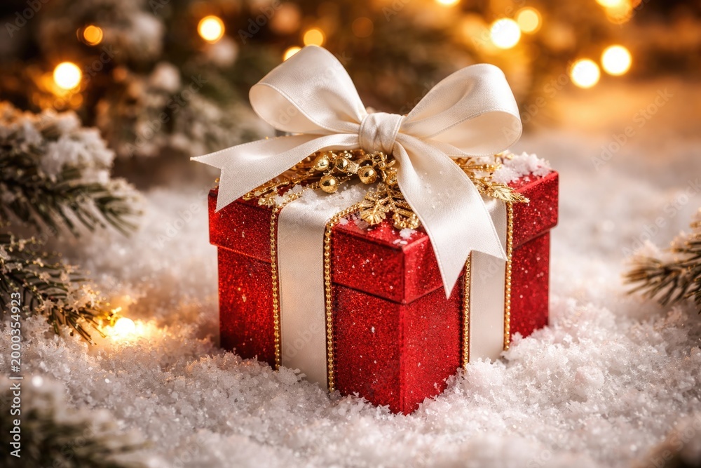 Fototapeta premium Holiday decor item resembling a tiny red gift box with a white satin bow and golden embellishments on a snowy scene