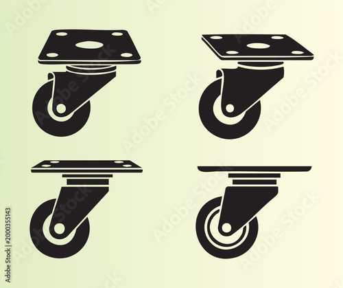 Four heavyduty industrial castor wheels with mounting plates isolated
