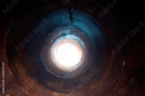 Illuminated circular tunnel with blue and white light source