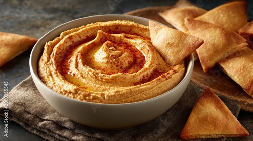 Creamy hummus dip served with crispy pita chips on rustic background