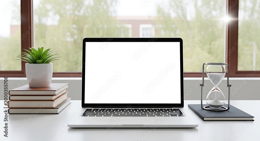 Fototapeta premium Laptop with Blank Screen on Desk with Books, Plant, and Hourglass by Window