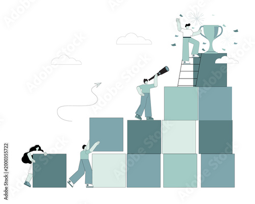 Business concept. Goal achievement metaphor. People build a ladder to achieve success.