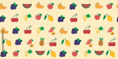 A seamless fruits seamles pattern featuring apples, cherries, grapes, lemons, watermelon, apricots, peaches, and pineapple in a playful flat style. Perfect for textiles, wrapping paper, wallpaper, 