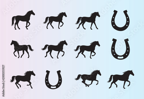 Collection of galloping horse and horseshoe silhouettes isolated