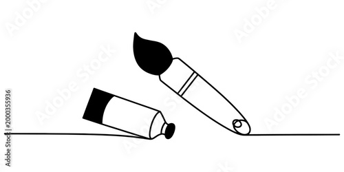Continuous one line drawing of a paint brush and a tube of paint