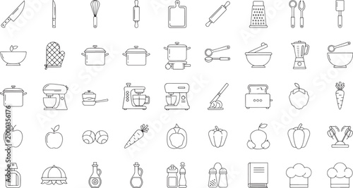 Collection of black and white line for kitchen and food preparation cooking utensils appliances