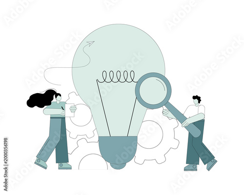 Business idea analysis, business services, teamwork. People look at a light bulb idea with a magnifying glass