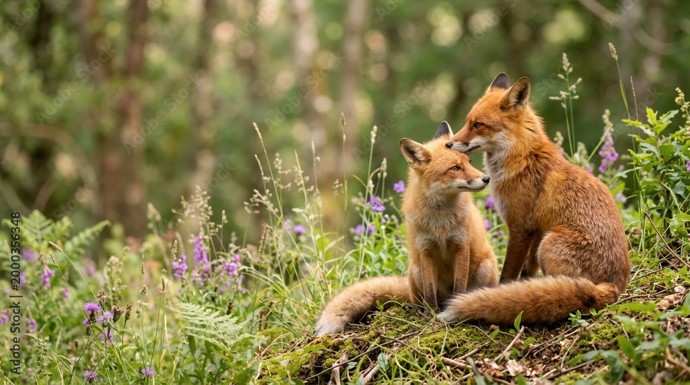 Obraz premium Two red foxes sitting together in a green forest. Wild fox couple nuzzling among grass and purple wildflowers