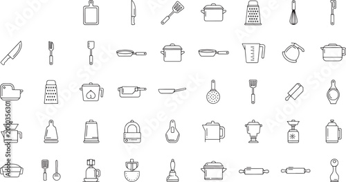 Collection of black and white line kitchen utensils and cookware cooking line black and white